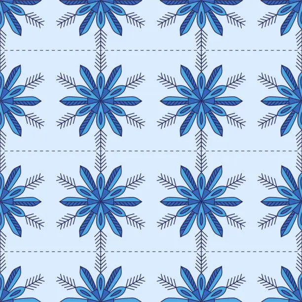 Vector illustration of Seamless crystal snowflakes pattern on blue background.