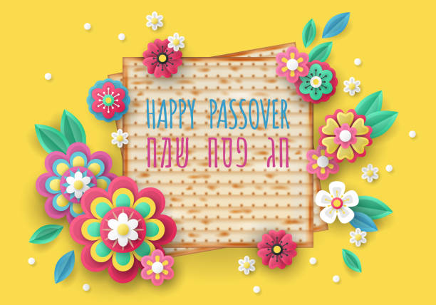 Jewish holiday Passover banner design Jewish holiday Passover banner design with matzo and paper cut flowers background passover celebration stock illustrations