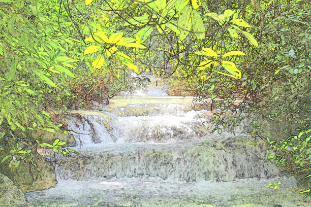 抽象的な美しい滝スケッチ水彩画背景の林。 - paintings watercolor painting tree landscape ストックフォトと画像