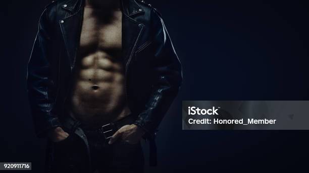 Torso Of Athletic Man In Leather Jacket Stock Photo - Download Image Now - Males, Biker, Leather