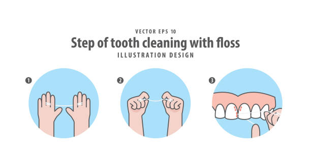 ilustrações, clipart, desenhos animados e ícones de passo do dente limpeza com fio dental ilustração de vetor sobre fundo azul. conceito de dental. - flos