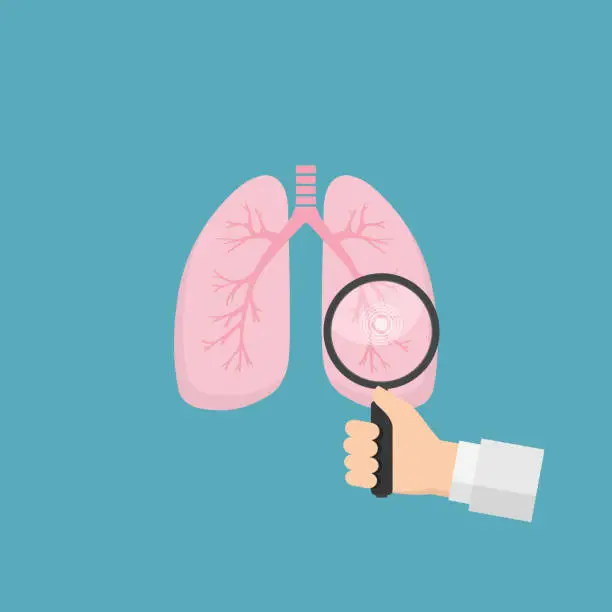 Vector illustration of Human lungs with hand holding magnifying glass. Medical tool for diagnosing of diseases of lungs. Health care and medicine concept