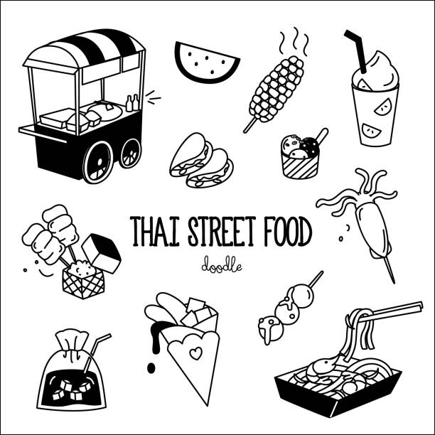 Doodles of Thai street food. Hand drawing styles of Thai street food. Doodles of Thai street food. street food stock illustrations