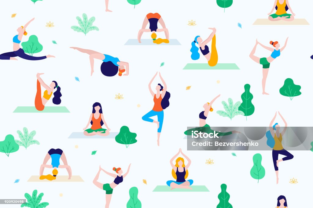 People in the park vector flat illustration. Women walk in the park and do sports, yoga and physical exercises. Park seamless pattern. People in the park vector flat illustration. Women walk in the park and do sports, yoga and physical exercises. Park seamless pattern Yoga stock vector