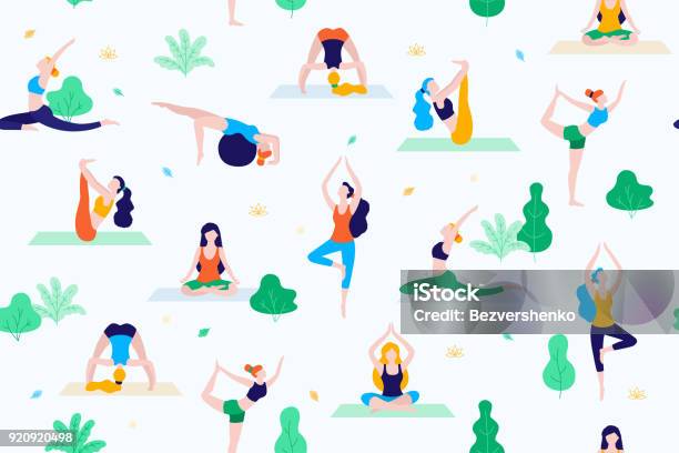 People In The Park Vector Flat Illustration Women Walk In The Park And Do Sports Yoga And Physical Exercises Park Seamless Pattern Stock Illustration - Download Image Now