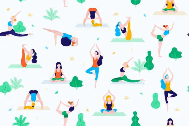 Vector illustration of People in the park vector flat illustration. Women walk in the park and do sports, yoga and physical exercises. Park seamless pattern.