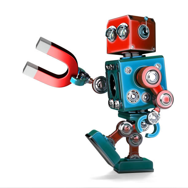 istock Retro Robot holding a magnet. 3D illustration. Isolated. Contains clipping path 920920548