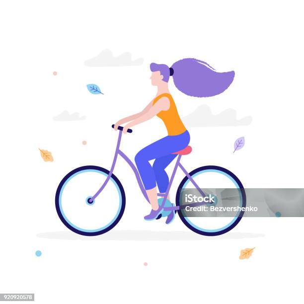 Slim Girl Riding A Bicycle In Flat Design Isolated On White Background Woman S Activity At The Park Concept Illustration Stock Illustration - Download Image Now