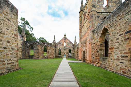 This old church ruin is located in the city of Port Arthur, Tasmania, Australia.