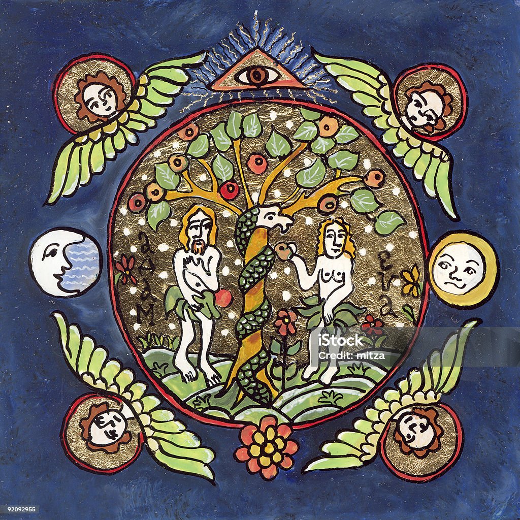 Adam and Eve naive traditional painting on glass My own artwork, in traditional Romanian style. Naive oil painting and gold leaf on glass (scanned).Adam,Eve in Heaven. I am the owner of the copyright. Eve - Biblical Figure stock illustration