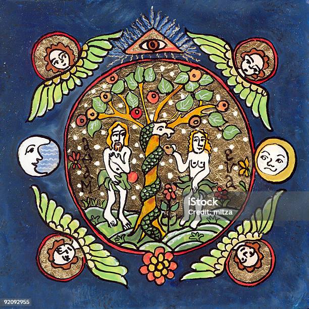 Adam And Eve Naive Traditional Painting On Glass Stock Illustration - Download Image Now - Eve - Biblical Figure, Adam - Biblical Figure, Color Image