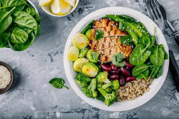 Photo of Healthy buddha bowl lunch with grilled chicken, quinoa, spinach, avocado, brussels sprouts, broccoli, red beans with sesame seeds