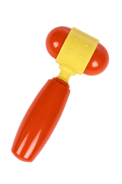 istock Red plastic toy hammer, kid workshop game tool. Isolated on white background 920932326