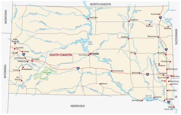 ilustraciones, imágenes clip art, dibujos animados e iconos de stock de mapa de carreteras de dakota del sur - south dakota