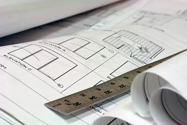 close up of blue prints with metal ruler                            