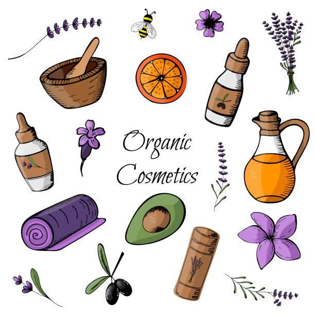 Doodle with colored organic  products and cosmetics hand-drawn. vector art illustration