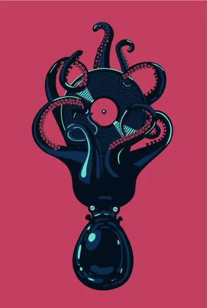 Vector illustration of Octopus with vinyl disc in tentacles.. Hip-hop music poster. Night party clipart. Tattoo style.