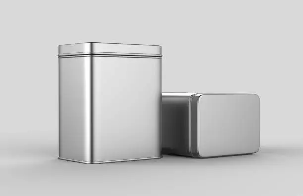 Square stainless steel or tin metal shiny silver box container Isolated on white background for mock up and packaging Design.