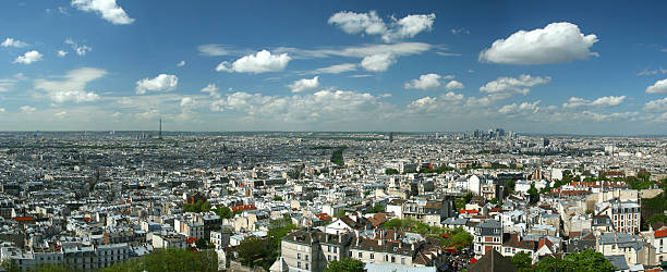 Panoramic photo of Paris, France Aerial panoramic image of Paris, taken from the tower of the Sacre Coeur ile de france stock pictures, royalty-free photos & images