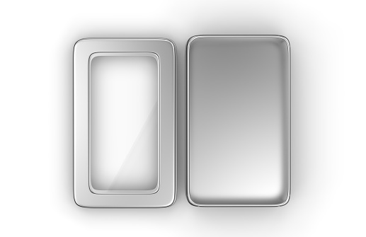 Stainless steel or tin metal shiny silver box container with window lid Isolated on white background for mock up and packaging Design.