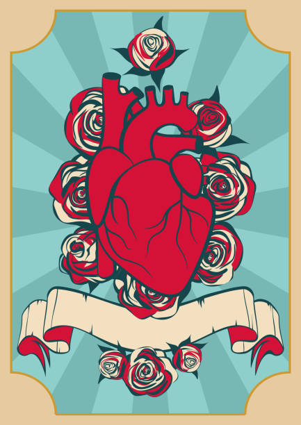 빈티지 스타일에서의 발렌타인 데이 카드 - human cardiovascular system heart shape human hand healthy lifestyle stock illustrations