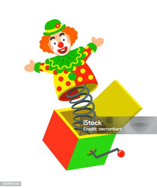 Toy Circus Clown On A Spring Pops Out Of A Box Stock Illustration - Download Image Now - Jack-in-the-Box, Box - Container, Clown