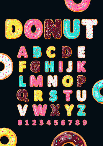 Font of donuts. Bakery sweet alphabet. Letters and numbers with pink, yellow, blue donut. Donut's glaze. Vector poster