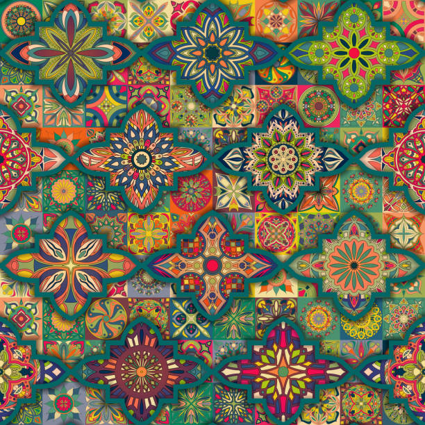 Seamless pattern with decorative mandalas. Vintage mandala elements. Colorful patchwork. Seamless pattern with decorative mandalas. Vintage mandala elements. Colorful patchwork christmas batik fabric stock illustrations
