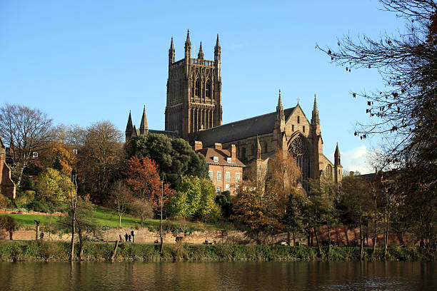 The majestic Worcester Cathedral located beside the River Severn in Worcester, England