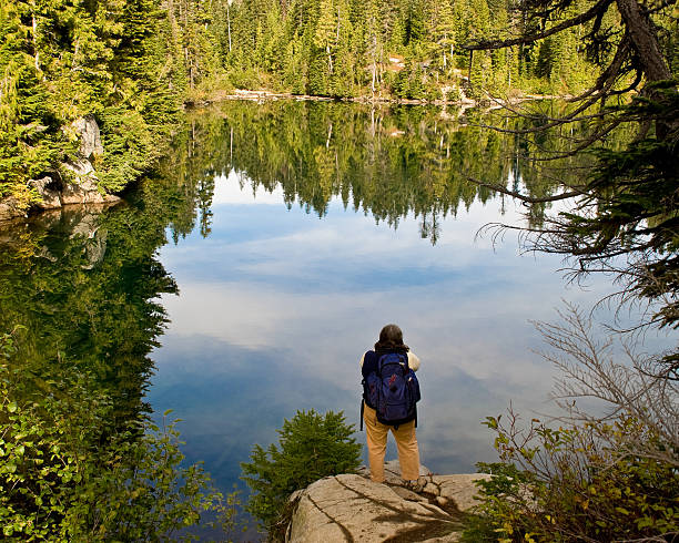 Mature Woman Hiker at Snow Lake This mature woman hiker is looking at the reflection in Snow Lake at Mount Rainier National Park, Washington State, USA. jeff goulden mount rainier national park stock pictures, royalty-free photos & images