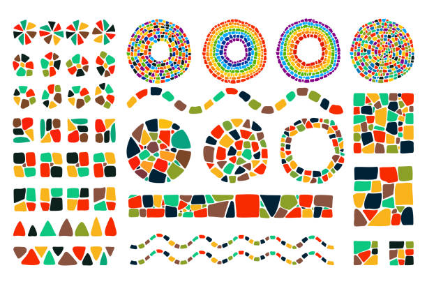Set of bright Mosaic design elements on white background. Vector isolated circle, square, triangle, border, numbers for decoration. Ceramic tile texture. Easy to recolor.