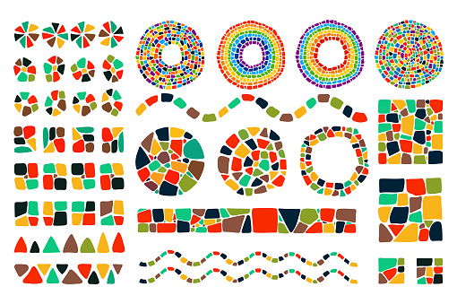 Set of bright Mosaic design elements on white background. Vector isolated circle, square, triangle, border, numbers for decoration. Ceramic tile texture. Easy to recolor.