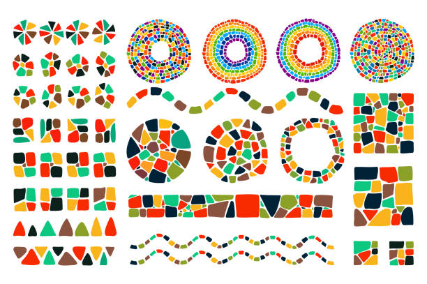 Mosaic design elements Set of bright Mosaic design elements on white background. Vector isolated circle, square, triangle, border, numbers for decoration. Ceramic tile texture. Easy to recolor. mosaic stock illustrations