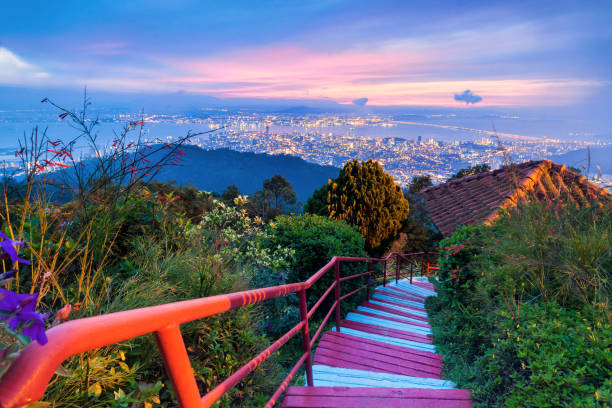 vista di george town city da penang hill durante l'alba - malaysia foto e immagini stock