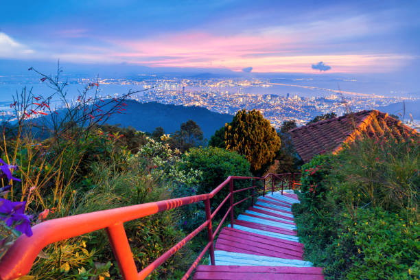 George Town City view from Penang Hill during dawn George Town City view from Penang Hill during dawn malaysia stock pictures, royalty-free photos & images