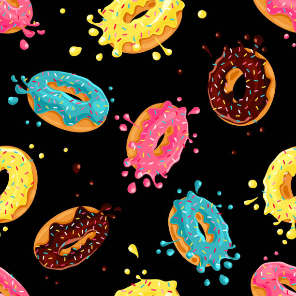 ilustrações, clipart, desenhos animados e ícones de donuts com rosa, limão, chocolate, esmalte azul hortelã - pattern chocolate sprinkles textured