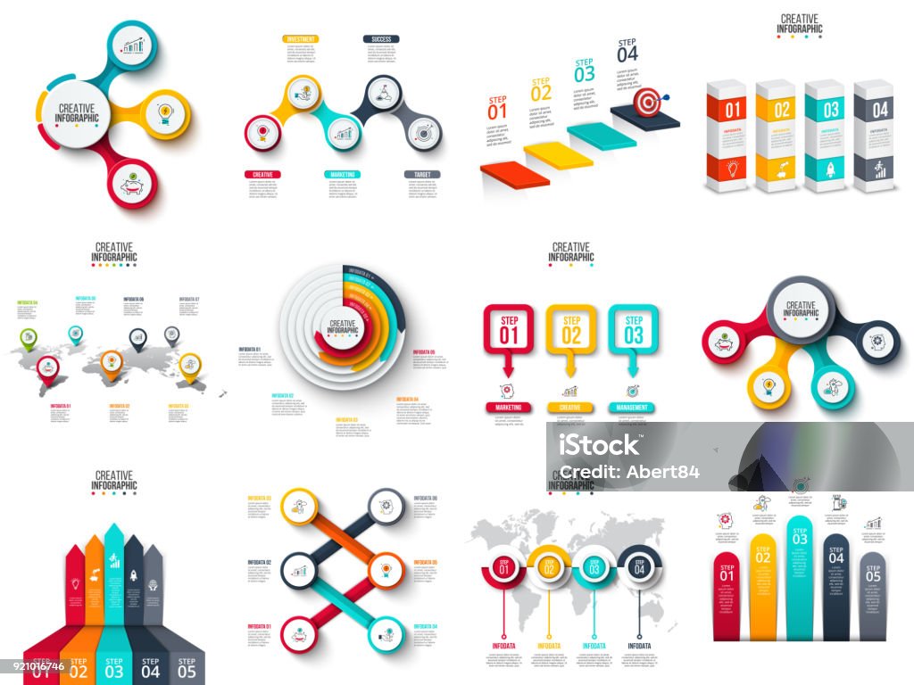 Vektor-Infografiken, Diagramm, Diagramm, Grafik und Präsentation. Geschäftsbericht mit 3, 4, 5, 6 und 7 Optionen, Teile, Schritte Prozesse. Pfeile, Kreise, Ziel, Spalten, Karte und Timeline. - Lizenzfrei Architektonische Säule Vektorgrafik