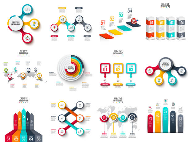 ilustrações, clipart, desenhos animados e ícones de vetor de infográficos, diagrama, gráfico, gráfico e apresentação. relatório de negócios com 3, 4, 5, 6 e 7 opções de peças de processos de passos. setas, círculos, alvo, colunas, mapa e linha do tempo. - column