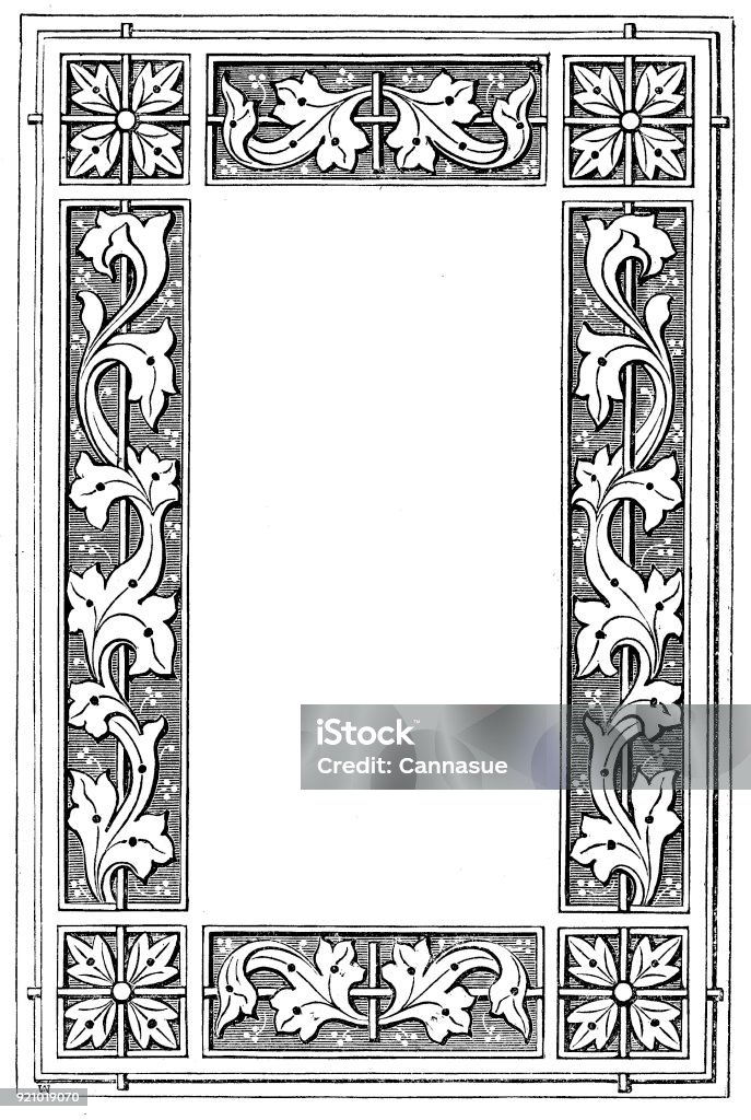Victorian black and white illuminated page frame style Feb112 with empty text boxes; 19th century ornate page decoration 1866 Taken from The Guardian Angel Whispers 1866 19th Century stock illustration