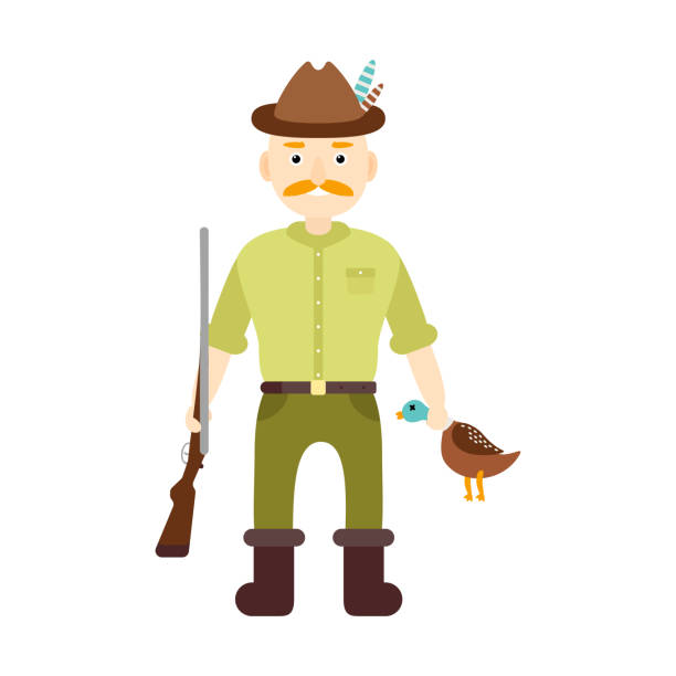 ilustrações, clipart, desenhos animados e �ícones de caçador com uma arma em um chapéu marrom com penas e pato morto selvagem. ilustração em vetor de carácter - pants green camouflage men