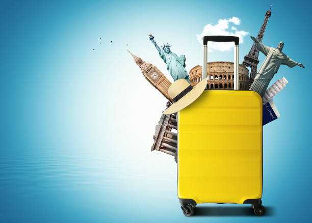 istock Yellow travel bag with world landmark 921023532