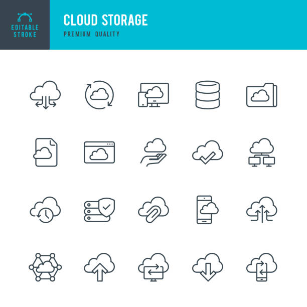ilustraciones, imágenes clip art, dibujos animados e iconos de stock de almacenamiento en la nube - conjunto de iconos de vector de línea delgada - nubes