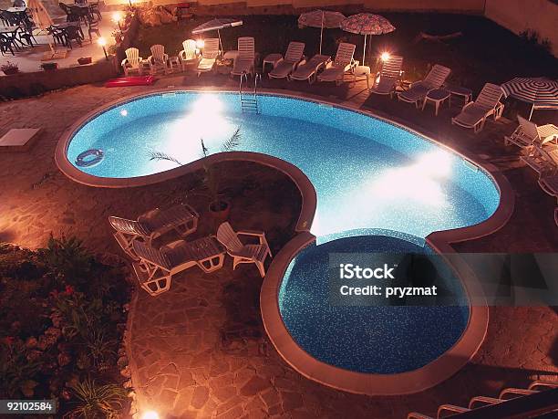 Swimming Pool By Night Stock Photo - Download Image Now - Blue, Color Image, Deck Chair