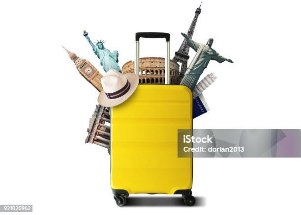 노란색 여행 가방 여행-주제에 대한 스톡 사진 및 기타 이미지 - 여행-주제, 여행 가방, 여행-개념