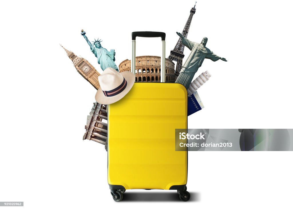 Yellow travel bag Yellow travel bag with world landmark, holiday and tourism Travel Stock Photo
