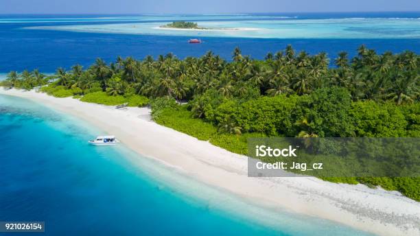 Aerial View Of Tropical Iceland With Sandy Beach Maldives Stock Photo - Download Image Now