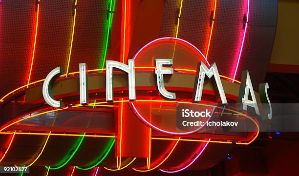 Neon Sign For Movies Stock Photo - Download Image Now - Movie Theater, Building Entrance, Movie