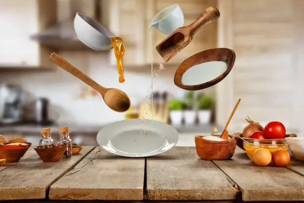 Flying food ingredients ready for cooking. Concept of modern cooking. Very high resolution image