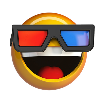 Emoji with 3d cinema glasses, emoticon watching 3d movie. 3d rendering isolated on white background.