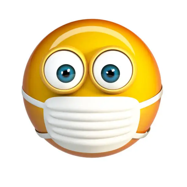 Emoji with Hygienic Mask. Surgical Mask Face Emoticon. 3d rendering isolated on white background.